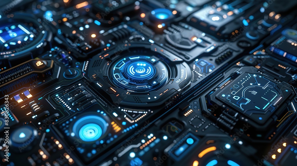Fototapeta premium Futuristic UI Elements and Interfaces: Light Blue and Black Design, 8K Resolution, Cryptidcore Aesthetic with Rounded Captivating Heistcore Style