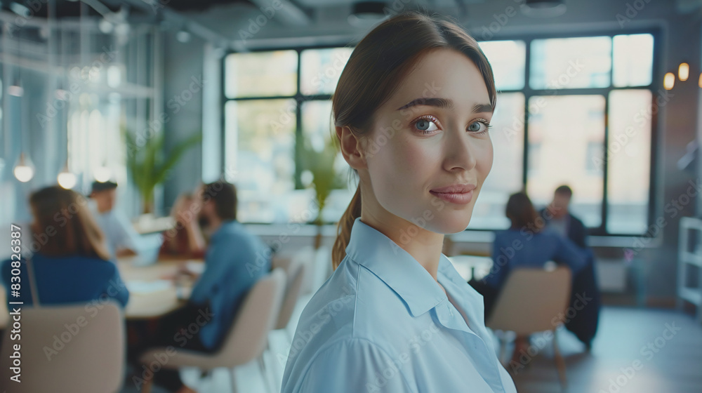 Young business woman in a shirt in the working room of a business office Young business woman in a shirt in the working room of a business office