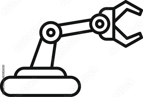 Black and white outline of a simple industrial robotic arm vector icon for automated manufacturing technology illustration