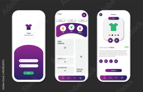 Application to buy clothes. Collection of online clothing store interface templates. Responsive GUI for mobile applications. Vector illustration