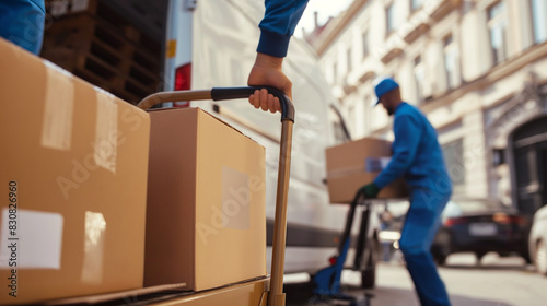 Close-up of workers handling cardboard boxes on a hand truck, unloading them from a delivery van outside a logistics distribution warehouse, emphasizing e-commerce fulfillment photo