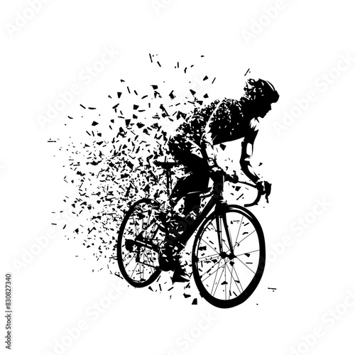 Biker, road cyclist riding bike, isolated vector silhouette, side view