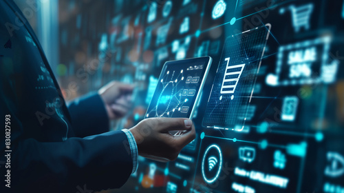 Detailed illustration of a businessman interacting with a virtual screen, showing a sales growth chart and shopping cart icon, representing e-commerce success