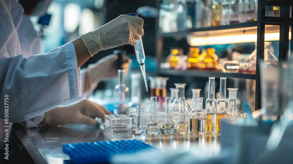 Close-up of lab analysts in a chemistry lab using test tubes and syringes, surrounded by glass vials containing various chemical solutions, representing advanced scientific researc Close-up of lab analysts in a chemistry lab using test tubes and syringes, surrounded by glass vials containing various chemical solutions, representing advanced scientific researc