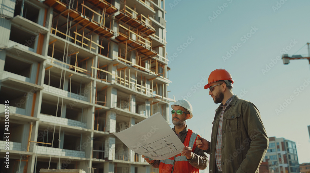Close-up of a real estate investor and a civil engineer in hard hats, standing at the construction site of an apartment complex, reviewing blueprints and progress Close-up of a real estate investor and a civil engineer in hard hats, standing at the construction site of an apartment complex, reviewing blueprints and progress