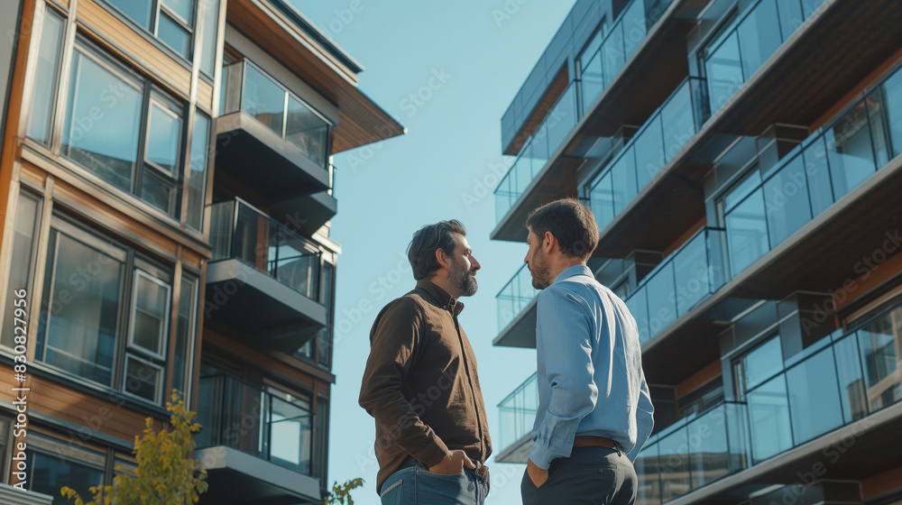 An on-site discussion between a real estate investor and a civil engineer, reviewing the construction progress of an apartment complex, set against a backdrop of the developing bui An on-site discussion between a real estate investor and a civil engineer, reviewing the construction progress of an apartment complex, set against a backdrop of the developing bui