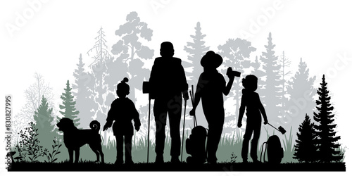 Family silhouettes. Father, mother and children hiking together in the forest. Vector illustration