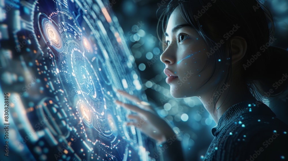 custom made wallpaper toronto digitalBusinesswoman presenting with holographic interface, futuristic and professional, hightech meeting, highresolution image, dynamic and innovative