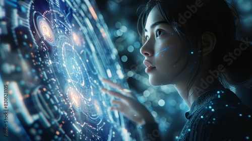 Wallpaper Mural Businesswoman presenting with holographic interface, futuristic and professional, hightech meeting, highresolution image, dynamic and innovative Torontodigital.ca