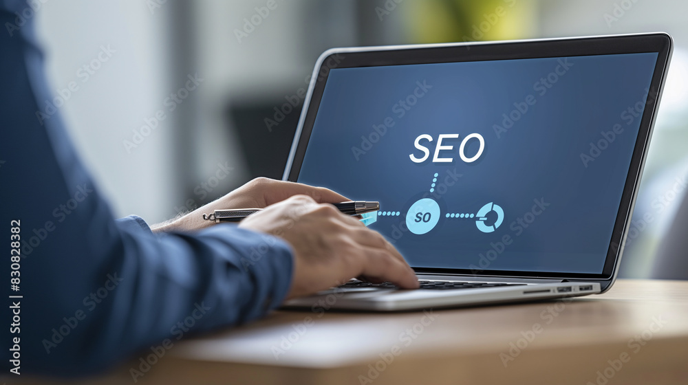 Close-up of a businessman working on a laptop, examining SEO analytics for website promotion and ranking optimization, with Close-up of a businessman working on a laptop, examining SEO analytics for website promotion and ranking optimization, with