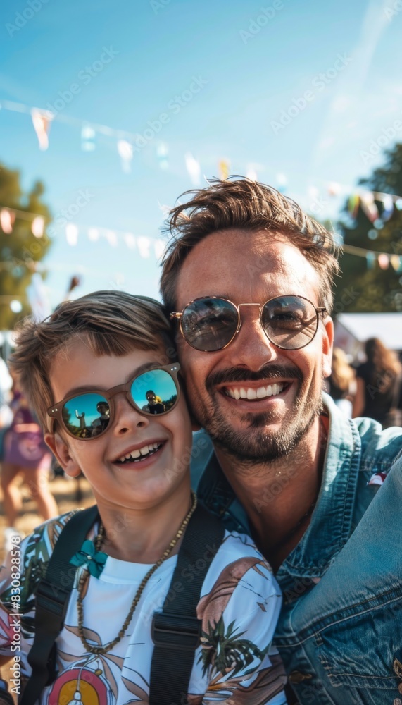 Smiling father and son with matching sunglasses at a music festival, showing a close father-son relationship Smiling father and son with matching sunglasses at a music festival, showing a close father-son relationship