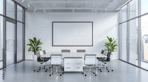 Fototapeta Naklejka Na Ścianę i Meble -  White office meeting room interior with board, drawer and window. Mockup wall