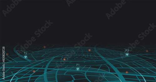 Stylized map of a futuristic cyber city featuring neon elements. Online digital service for vehicle with location search. Generic city map with signs of streets, roads. Vector illustration