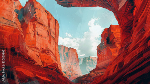 Fototapeta Naklejka Na Ścianę i Meble -  Modern abstract oil painting featuring a surreal canyon landscape in sky blue and terracotta red,