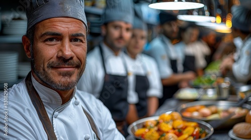 A male chef smiling with a goatee and gray hat stands in a bustling restaurant kitchen photo