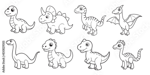 Collection of cute cartoon little dinosaurs for stickers, coloring pages and designs for kids. Vector illustration.