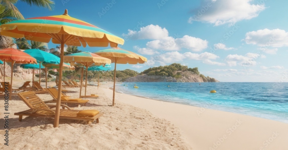 Vibrant beach scene with golden sand, turquoise waves, and colorful beach umbrellas
