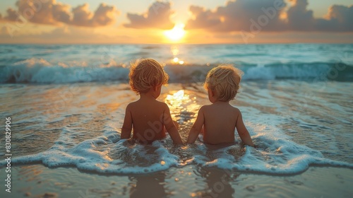 Two young children are holding hands in shallow ocean water, with the sunset painting the seascape with warm hues