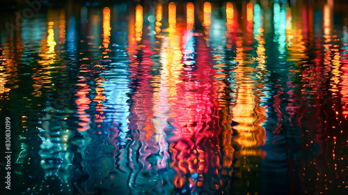 An abstract photograph capturing the reflection of city lights on water, resulting in a distorted and colorful pattern
