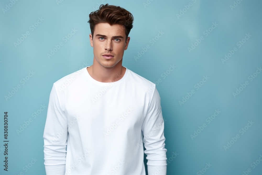 Portrait of handsome young man in white t-shirt on blue background Portrait of handsome young man in white t-shirt on blue background