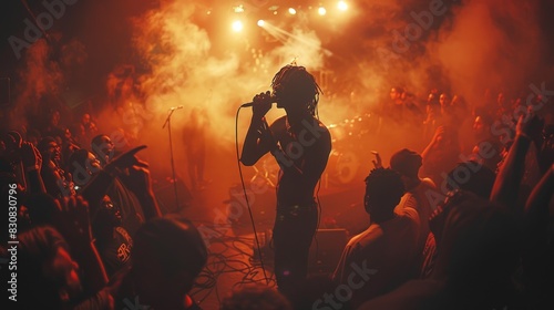 An energetic rock concert scene with a guitarist commanding the stage in a smoky atmosphere