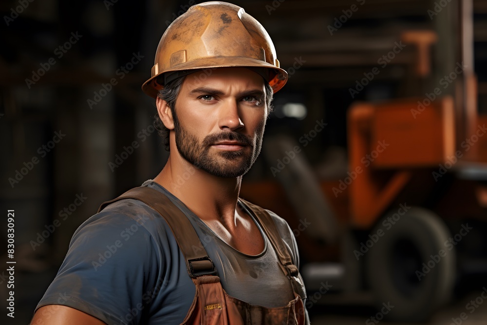 A construction worker in a worn hard hat and dirty overalls stands in front of blurred machinery, with a focused expression A construction worker in a worn hard hat and dirty overalls stands in front of blurred machinery, with a focused expression
