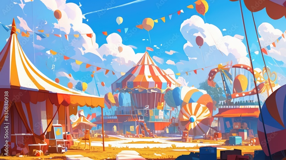 Illustration of a circus setting in the background rendered in a vibrant 2d design