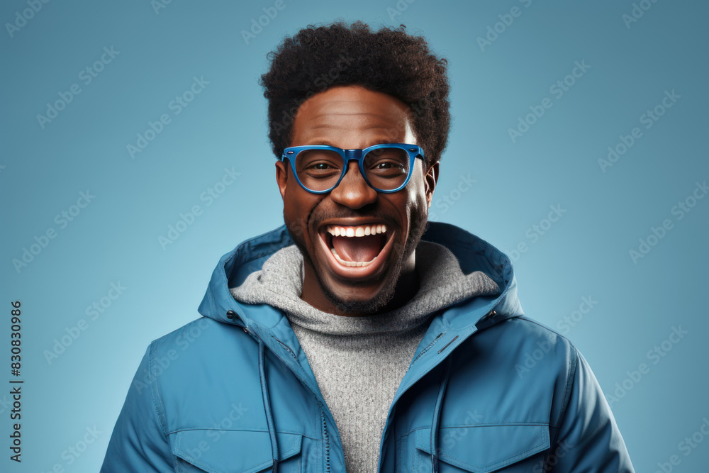 Cheerful african american man in winter jacket and glasses Cheerful african american man in winter jacket and glasses