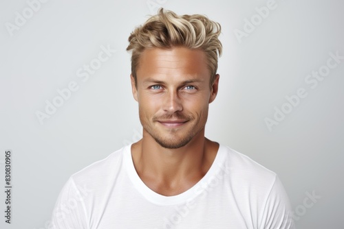 Portrait of handsome young man with blond hair. Studio shot.
