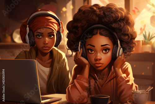 Two african american girls in headphones using laptop at home. Music, audio formats, audiobooks