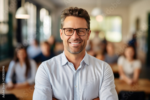 Portrait of smiling businessman in eyeglasses looking at camera in office