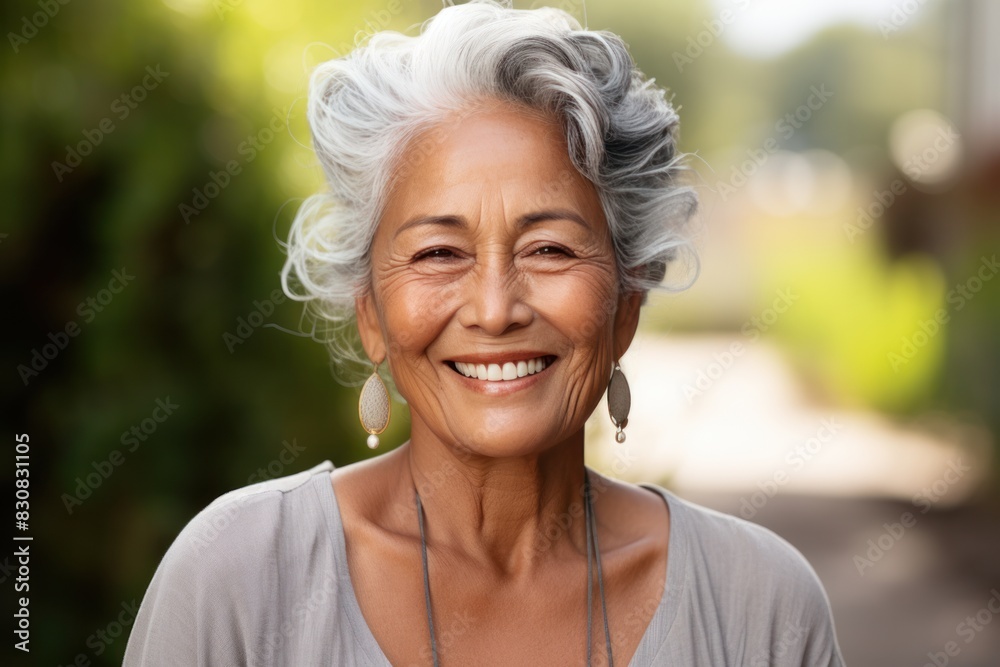 Close up portrait of a happy senior woman with earrings smiling outdoors Close up portrait of a happy senior woman with earrings smiling outdoors