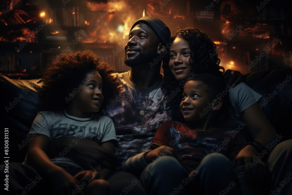African American family sitting on the sofa in the living room at home at night, with a fire in the background