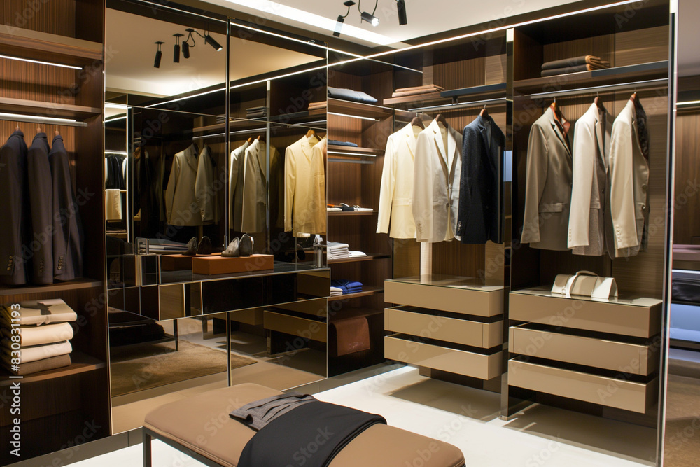 Wide wooden dressing room, Interior of a modern house