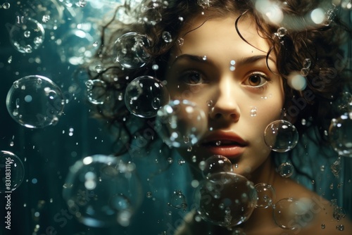 Beautiful young woman with soap bubbles in the studio. Beauty, fashion.