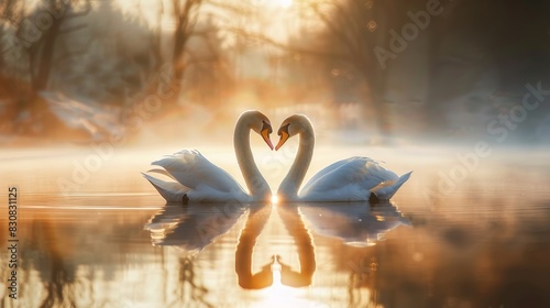 Fototapeta Naklejka Na Ścianę i Meble -  Two swans are swimming in a lake, with their heads facing each other