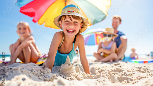A family building sandcastles on a sunny beach, children laughing and playing while parents relax under a large beach umbrella