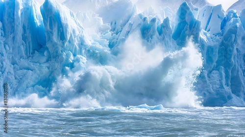 7. A glacier calving into the ocean, with massive chunks of ice breaking off, highlighting the rapid pace of ice melt in polar regions. photo