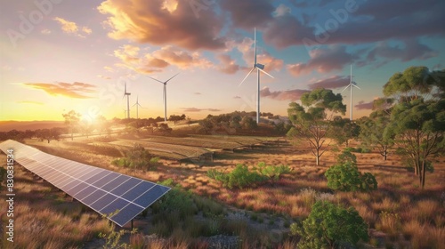 A field view with solar panels and wind turbines integrated into farm operations, in a hyper-realistic style, with natural earthy tones. --ar 16:9 --style raw  photo