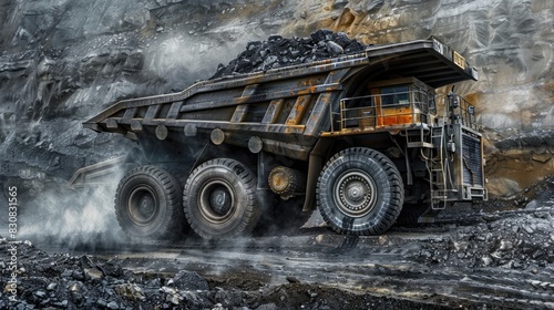 a big mining truck laden with black coal  symbolizing the raw energy and industrial might of the extraction process.