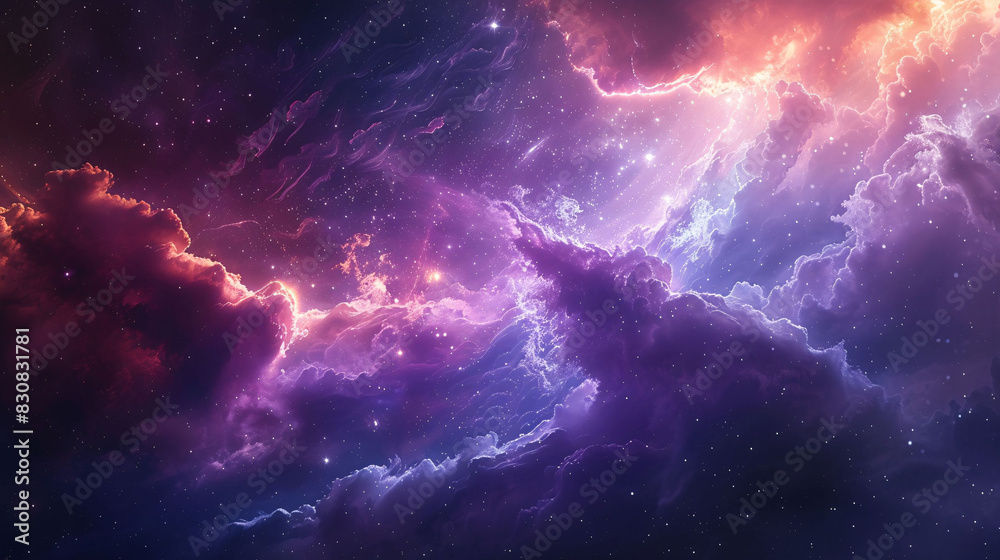 Fototapeta premium Abstract starry purple sky with shining stardust and nebulae, galaxy and planets background