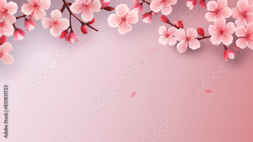 Spring blooming pink peach flowers on solid color background, Valentine's Day Mother's Day card design concept illustration © lin