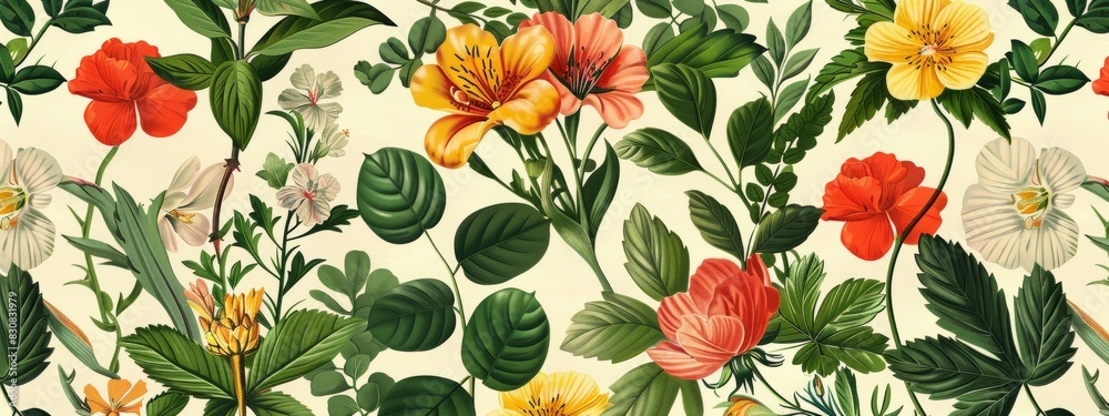 A pattern of vintage botanical illustrations showcasing different plants and flowers.