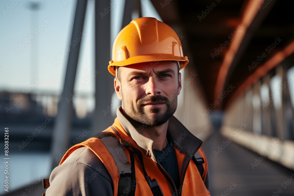 A construction worker in an orange hard hat and safety vest on a bridge under construction, with structural beams and a cityscape in the background A construction worker in an orange hard hat and safety vest on a bridge under construction, with structural beams and a cityscape in the background