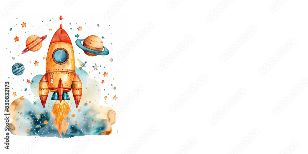 Fototapeta premium A spaceship taking off. Watercolor illustration. Horizontal orientation, empty space for text on the right, white background.