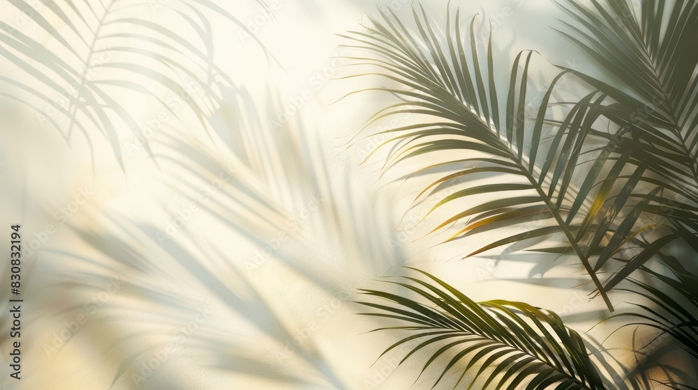 Fototapeta premium Blurred shadow of palm leaves on light cream wall