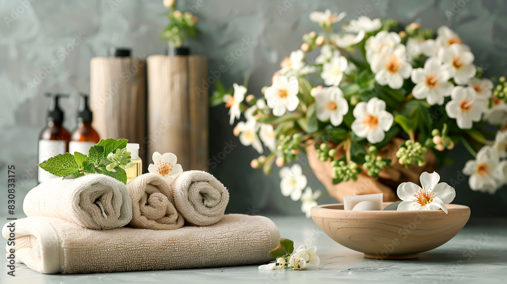 A beautifully arranged spa setting with rolled towels, aromatic essential oils, and a bowl of fresh flowers, exuding relaxation and luxury