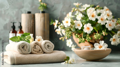 A beautifully arranged spa setting with rolled towels  aromatic essential oils  and a bowl of fresh flowers  exuding relaxation and luxury