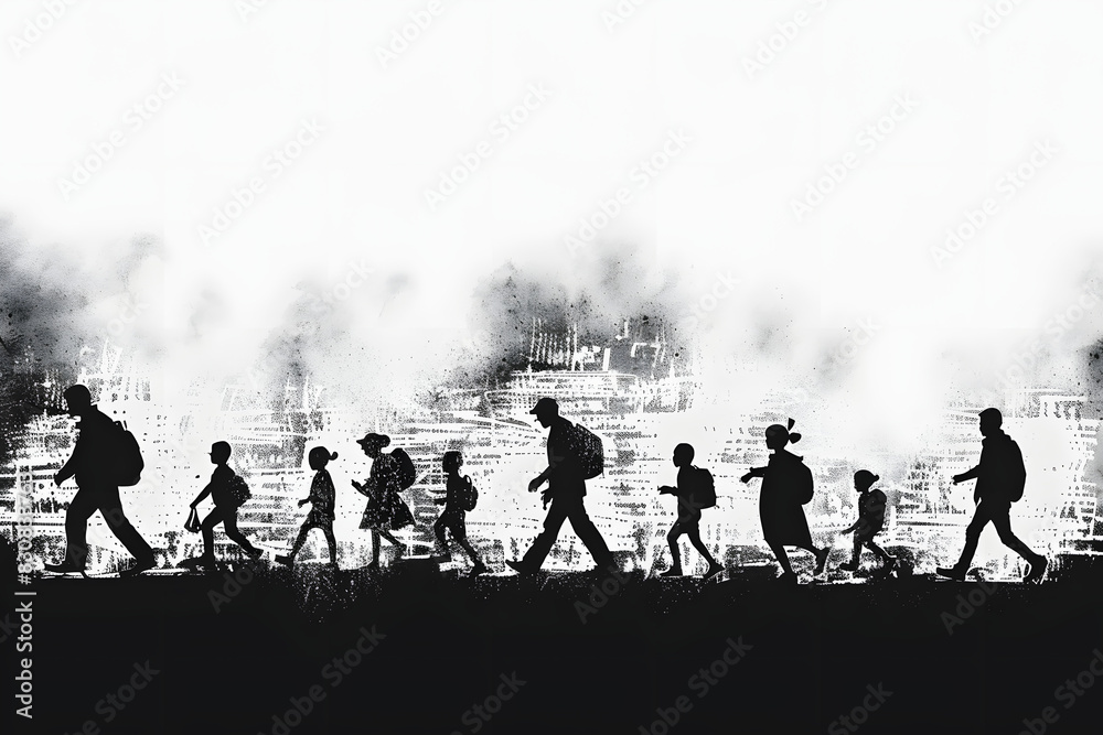 silhouettes of fleeing people. Black and white textured vector illustration