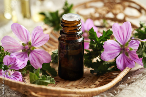 A brown bottle of mallow essential oil with blooming malva sylvestris plant